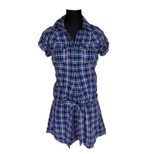 Express Blue Plaid Button Down Tie Waist Shirt Dress Womens Small